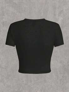 少女印花休闲标语蝴蝶结春夏修身短袖T恤，女童露脐T恤，Y2K