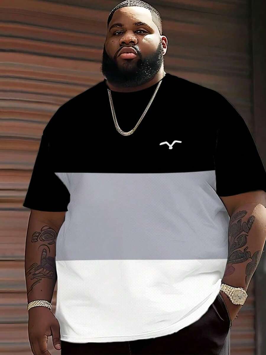 Herren Große Größe Farbblock einfaches Design T-Shirt, Schwarz Weiß Grau, atmungsaktiv Kurzarm