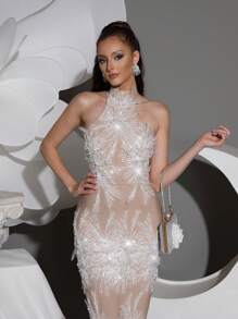 Vestido ajustado de alta calidad de halter sin mangas con cuentas y lentejuelas, vestido formal elegante para mujeres para banquetes, fiestas, vacaciones, eventos de noche, invitada de boda