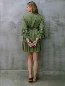 Green Boho Dress With Lace, 3/4 Sleeves And Floral Details 5030 - 綠色 - 查看 3