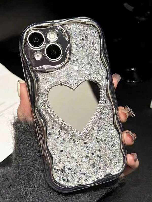 Funda de teléfono suave con corazón 3D brillante, con lámina de oro ondulada y purpurina de lujo, compatible con iPhone 16, adecuada compatible con iPhone 15, 14, 13, 12, 11 Pro Max Plus, cubierta protectora de Apple, carcasa trasera suave y amortiguadora de alto nivel