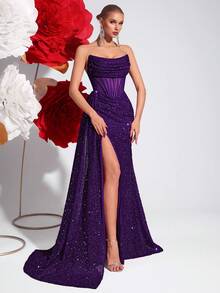 Elisanya Sequin Off Shoulder Hollow-Out Fishbone Prom Dress Ruched High Waist With Ribbon Split Thigh Backless Tie Back Cocktail Party Evening Long Floor Dress, Suit For Wedding Guest, Formal, Graduation And Date Night - Violet Purple - View 3