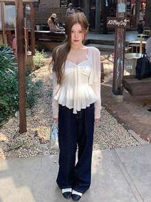 年轻女孩复古硬币印花白色针织开衫和吊带背心两件套，适合春季 - 白色 - 查看 8