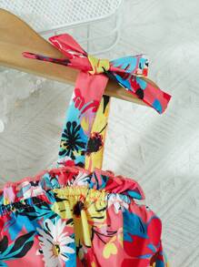 1buc rochie sling cu imprimeu floral pentru fetițe, cu pălărie, atmosferă de vacanță