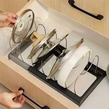 1 Retractable PP+Stainless Steel Pot Lid Holder, Free Up Kitchen Space, Equipped With 7/10 Dividers, Multifunctional Kitchen Storage Tool, Convenient For Storing Pots And Tableware, Suitable For Pot Lids And Plates, Waterproof Stainless Steel Drain Rack, Kitchen Countertops, Cabinets And Shelves, Kitchen Accessories, Restaurant Use