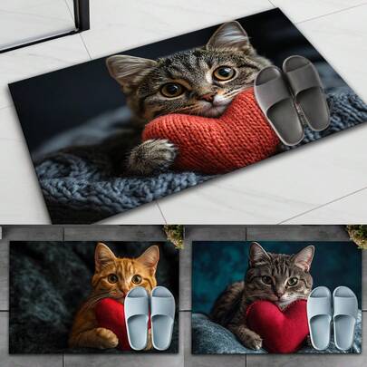 1pc Cute Cat Pattern Printed Non-Slip Diatomite Carpet, 3D Printed Rectangular Rug For Entrance, Living Room, Kitchen, Bedroom, Corridor, Bathroom, Laundry Room - Polyester Carpet For Indoor And Outdoor Home Decor