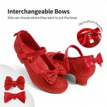 Girls Dress Shoes Toddler Little Girls Heels Mary Jane Princess Shoes With Interchangeable Bow For Flower Girl Wedding Party - 紅色 - 查看 5