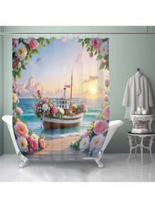 1pc/4pcs Marine Beach Flower Arch Print Multifunctional Bathroom Shower Curtain Set With 12 Hooks, Anti-Slip Bath Mat, U-Shape Toilet Mat, Round Toilet Lid Cover, Full Bathroom Set For All Scenarios Bathroom Accessories Back To School
