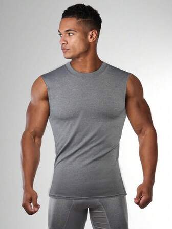 夏季篮球压缩背心 男士，健身运动无袖上衣 高弹透气圆领训练服