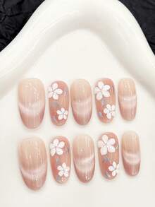 10 件春花猫眼手绘 3D 花朵按压指甲甜美可爱粉色假指甲，夏季指甲猫眼装饰，包含 1 个果冻胶和 1 个指甲锉，适用于日常生活、学校、音乐节派对美甲用品指甲 - 粉色 - 查看 2