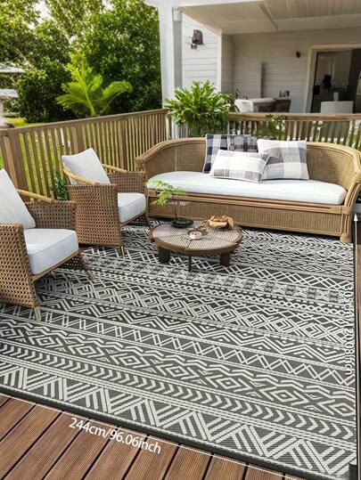 9x12 Ft Outdoor Rug, Flat-Woven Textured Outdoor Patio Rug Non-Slip Indoor Outdoor Rug With Rubber Backing, Bohemian Outdoor Area Rug For Patio, Deck, Porch, Backyard, Balcony, Gray & White