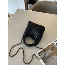Rare Design Genuine Leather Woven Handbag Women's High-Grade Silver Four-Color Options Chain Bag Mini Crossbody Bucket Bag - Classic Black + Woven Inner Bag + Long Chain - View 6