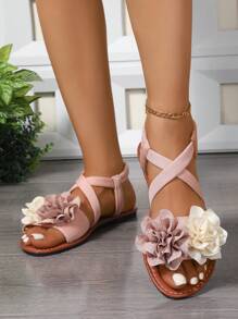 1 par de sandalias planas con tira de tobillo, decoración de flores, de verano, ligeras y casuales para adolescentes