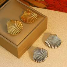 1 Pair Stainless Steel Textured Shell Large Stud Earrings, Unique 18K Gold Color Geometric Metal Waterproof Luxury Jewelry