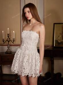Abito mini elegante da donna con zip davanti, senza maniche, adatto come regalo per addio al nubilato, abito da invitata a matrimonio, abito per festa di laurea, abito da donna sexy in pizzo traforato, senza spalline, per cocktail