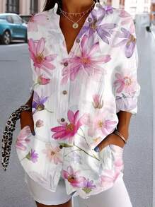Casual Floral Print Long Sleeve Shirt, Autumn