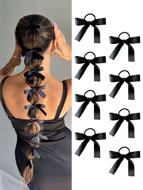 Set di 8 accessori per capelli multifunzione - Nastro di raso nero, Fermagli a fiocco, Fasce per capelli eleganti e minimaliste, Fermagli per coda di cavallo stile coreano, Decorazione per capelli chic per donne e ragazze, Uso quotidiano e accessori fotografici, fermagli per coda di cavallo, elastici per capelli, fasce elastiche per capelli, scrunchies, cordini per capelli