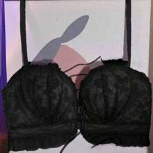 Women's Black Seamless Lace Front Closure Gather Bra Wireless With Thick Pad For Small Bust, Push Up Bra, Adjustable Underwear
