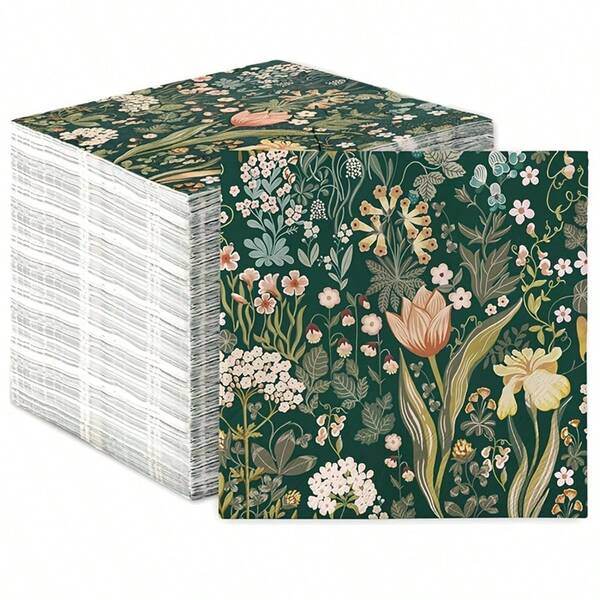 20pcs/40pcs/60pcs/Set, Retro Flower Paper Towel Retro Spring Flower Disposable Napkin Tulip Flower Paper Towel Green Plant Decoration Iunch Dinner Napkin Party Supplies Table Decoration 6.5 X 6.5 Inches