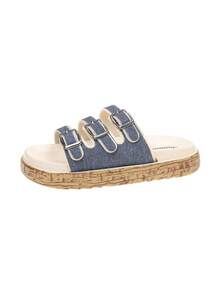 Women's Fashion Adjustable Strap Flat Sandals, Versatile Slip-On Beach Slippers Suitable For Summer - Blue and White - View 6
