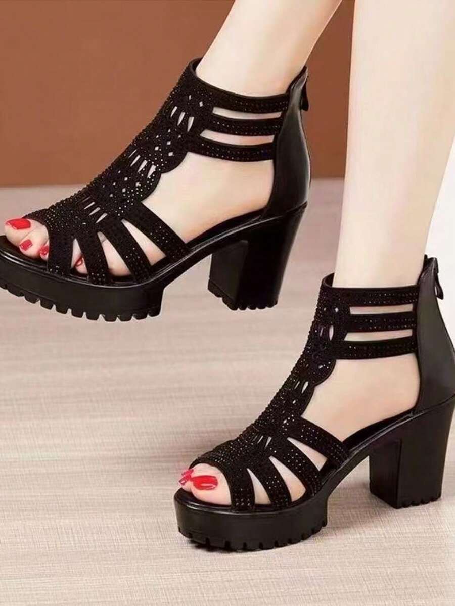2025 New Women's Thick Heel Sandals Mid-Heel Roman Shoes, Non-Slip Soft Bottom Open Toe Platform Wedges, Black Rhinestone Decoration