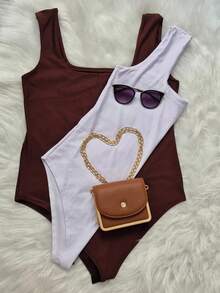 KIT 2 PLUS SIZE BODYSUITS SUPLEX MESH WOMEN'S FASHION - 咖啡和白 - 查看 2