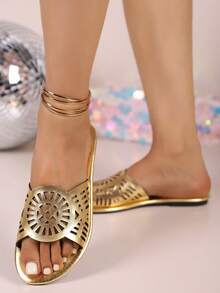 Golden Hollow European Style Summer Fashion Casual Comfortable Slippers Sandals. - Gold - View 2