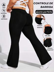 Calça Flare Bailarina Plus Size Tecido Grosso Cós Alto Em Suplex Poliéster Conforto Com Wolfox SHEIN Moda Fitnes