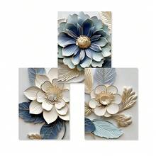 SURELIFE 3pcs Elegant Blue And Gold Floral Canvas Posters Prints Wall Art Pictures For Living Room Bedroom Home Decorative