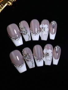 10 móng giả dáng dài vừa, chạm khắc hoa 3D thủ công 100%, màu trắng và màu mơ, kiểu Pháp, đính đá lấp lấp và hình bướm, móng giả tái sử dụng, sản phẩm làm móng nghệ thuật dành cho phụ nữ và bé gái. - Màu be - Xem 6