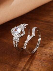 2pcs Women's Elegant High-End Zirconia Ring Set, Fashion Jewelry Gift