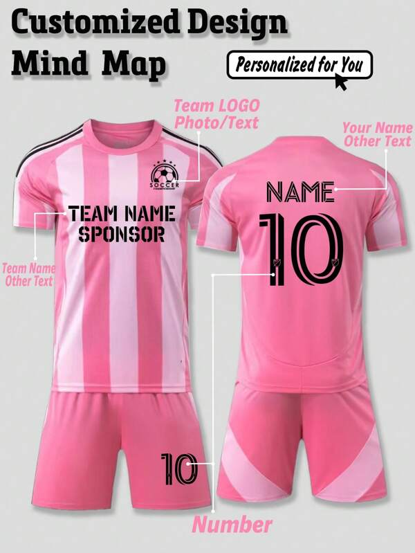 2 Stücke personalisierte Sportswear Fußballtrikot mit individuellen Mustern, Logo, Name & Nummer T-Shirt + Shorts, geeignet für Tween Jungen Schule Training Frühling/Sommer