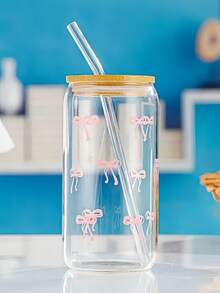 1个/套玻璃杯，带竹盖和吸管 - 500毫升/16.9盎司，可重复使用，适用于咖啡/珍珠奶茶，可爱蝴蝶结图案，冷饮套装 - 可放入洗碗机清洗 - 彩色 - 查看 9