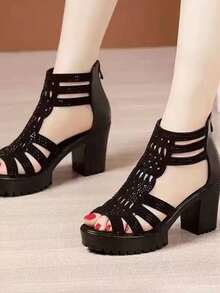 2025 New Women's Thick Heel Sandals Mid-Heel Roman Shoes, Non-Slip Soft Bottom Open Toe Platform Wedges, Black Rhinestone Decoration