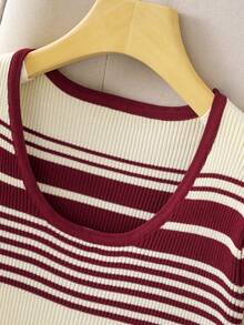 T-shirt en tricot rayé pour femmes d'été, col rond, manches courtes, décontracté - Rouge foncé - Voir 7