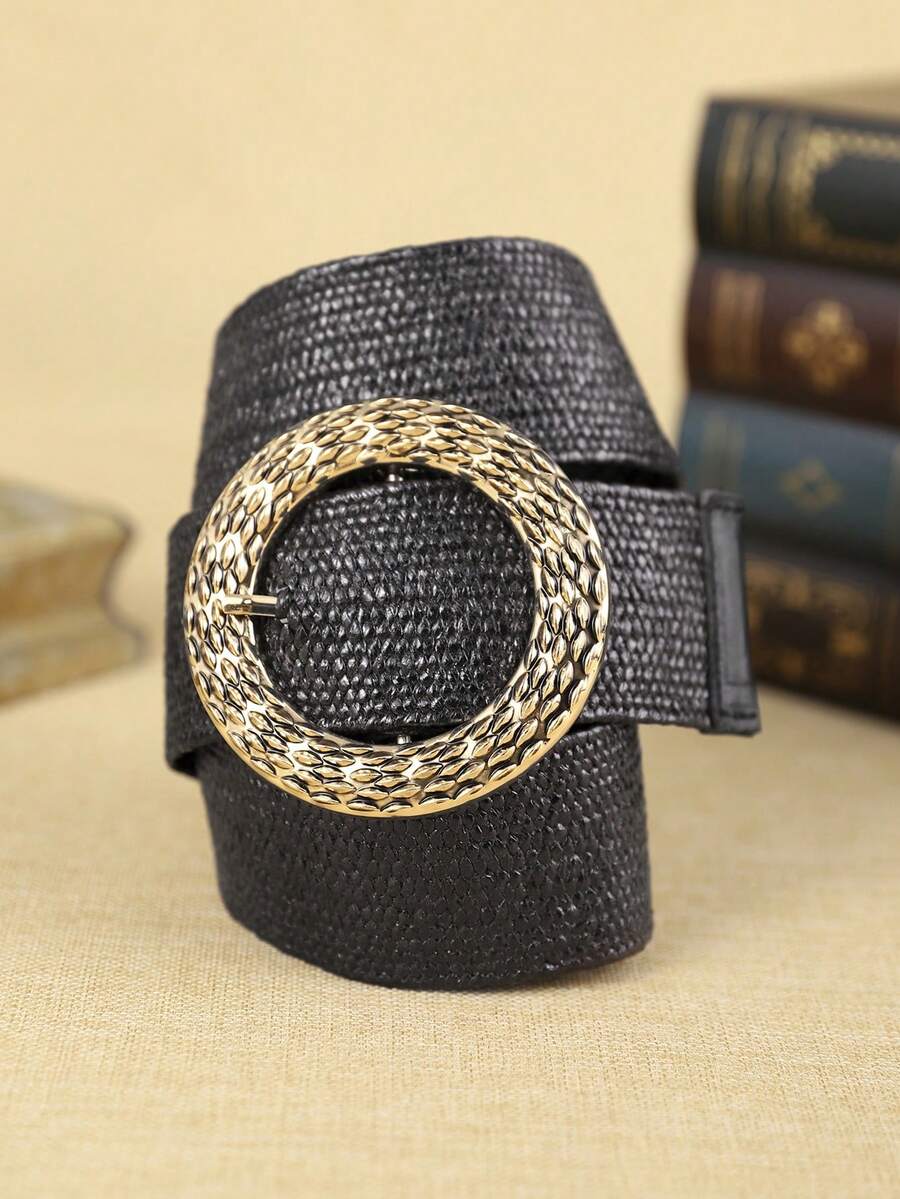 1 pieza Cinturón negro para mujer, cinturón estilo bohemio con hebilla de metal, accesorio de moda ideal para uso diario y estilo callejero de verano, escuela, otoño, Halloween - Negro - Ver 1