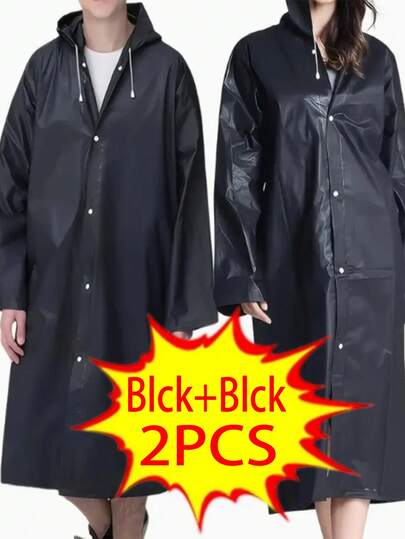 2件装黑色连帽加厚EVA雨披 - 透气、按扣设计、可重复使用、时尚雨披，适合徒步和通勤，轻便防水，防风雨装备 | 运动雨衣 | EVA防水保暖外套，闺蜜节、宠物、嘉年华