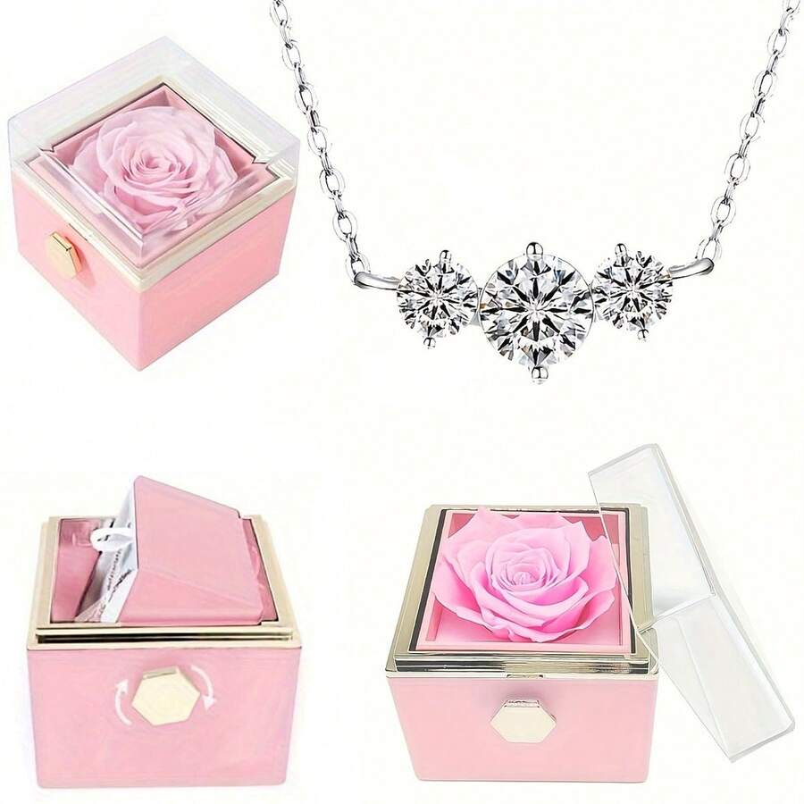 Pink High-End White Moonlight Rotatable Eternal Rose Gift Box, Paired With Four Exquisite White Pendant Necklaces, Suitable For Various Holidays, Anniversaries, Graduation Season, Birthdays, Valentine's Day, And Mother's Day As Gifts For Girlfriends, Mothers, Oneself, And Classmates