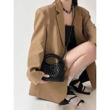 Rare Design Genuine Leather Woven Handbag Women's High-Grade Silver Four-Color Options Chain Bag Mini Crossbody Bucket Bag - Classic Black + Woven Inner Bag + Long Chain - View 3