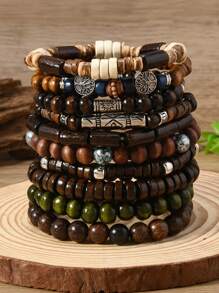 10pcs/Set Bohemian Style Wooden Bead, Sea Turtle, Coconut, Turquoise Bracelet Set, Suitable For Men's Daily Wear