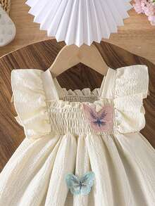 女婴可爱甜美 3D 蝴蝶印花盖袖连衣裙，休闲日常户外夏季 - 杏色 - 查看 3