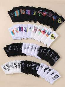 20 pares de calcetines casuales para niños, diseños aleatorios de arte callejero y letras, unisex, base negra y blanca, transpirables para uso diario, calcetines urbanos para niños, estilos de graffiti surtidos - Multicolor - Ver 3