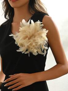 1 件手工编织波西米亚风格彩色人造羽毛花胸针，时尚发夹适合女性，日常，海滩度假，任何场合，送给爱人，朋友，妻子，母亲节，婚礼季节的母亲的绝佳礼物 - 米黃色 - 查看 3