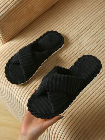 1 双纯色波西米亚风面料交叉带女士拖鞋，毛绒衬里，厚底，舒适，百搭，黑色，一脚蹬，适合所有季节，时尚家居拖鞋