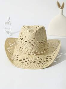 1pc Unisex Pearl Decor Cowboy Hat Hollow Out Wide Brim Handmade Spring Summer Travel Shade Cowgirl Hat Beach Hat Straw Hat Casual Sun Hat - 米色 - 查看 1