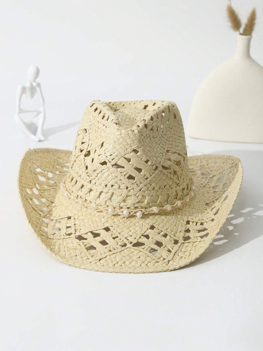 1pc Unisex Pearl Decor Cowboy Hat Hollow Out Wide Brim Handmade Spring Summer Travel Shade Cowgirl Hat Beach Hat Straw Hat Casual Sun Hat - 米色 - 查看 1