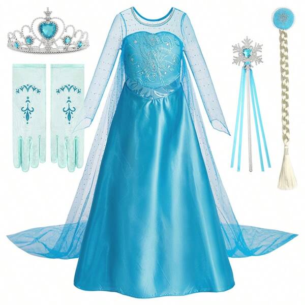Vestido de capa transparente de manga larga con estampado floral azul claro para niñas, conjunto de disfraz de princesa para fiesta de Navidad para niños