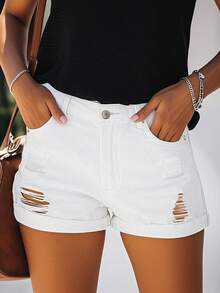 Vacation Casual Distressed Stretchy Rolled Hem Denim Shorts-Valentine's Day - White - View 2