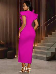 Long Dresses V Neck 3D Flower Ruffles Elegant Party Wedding Guest Gowns, For Cocktail - Hot Pink - View 3