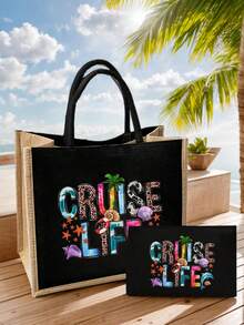 Set de geantă și pungă din in cu tematică de croazieră, imprimeu cu copac de cocos, scoică, delfin, stea de mare, Cruise Life, geantă și geantă cosmetică, pungă pliabilă ușoară, element esențial pentru plajă, geantă de vară pentru femei, geantă de cumpărături din in de mare capacitate